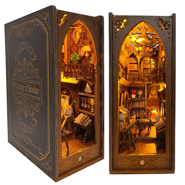 Criolpo Book Nook Kit - Diy Doll House Booknook, Book Nook Miniature Kit For Bookshelf Doll Houses For Adults Teen Halloween, 3D Wooden Puzzle Bookends With Sensor Led Light