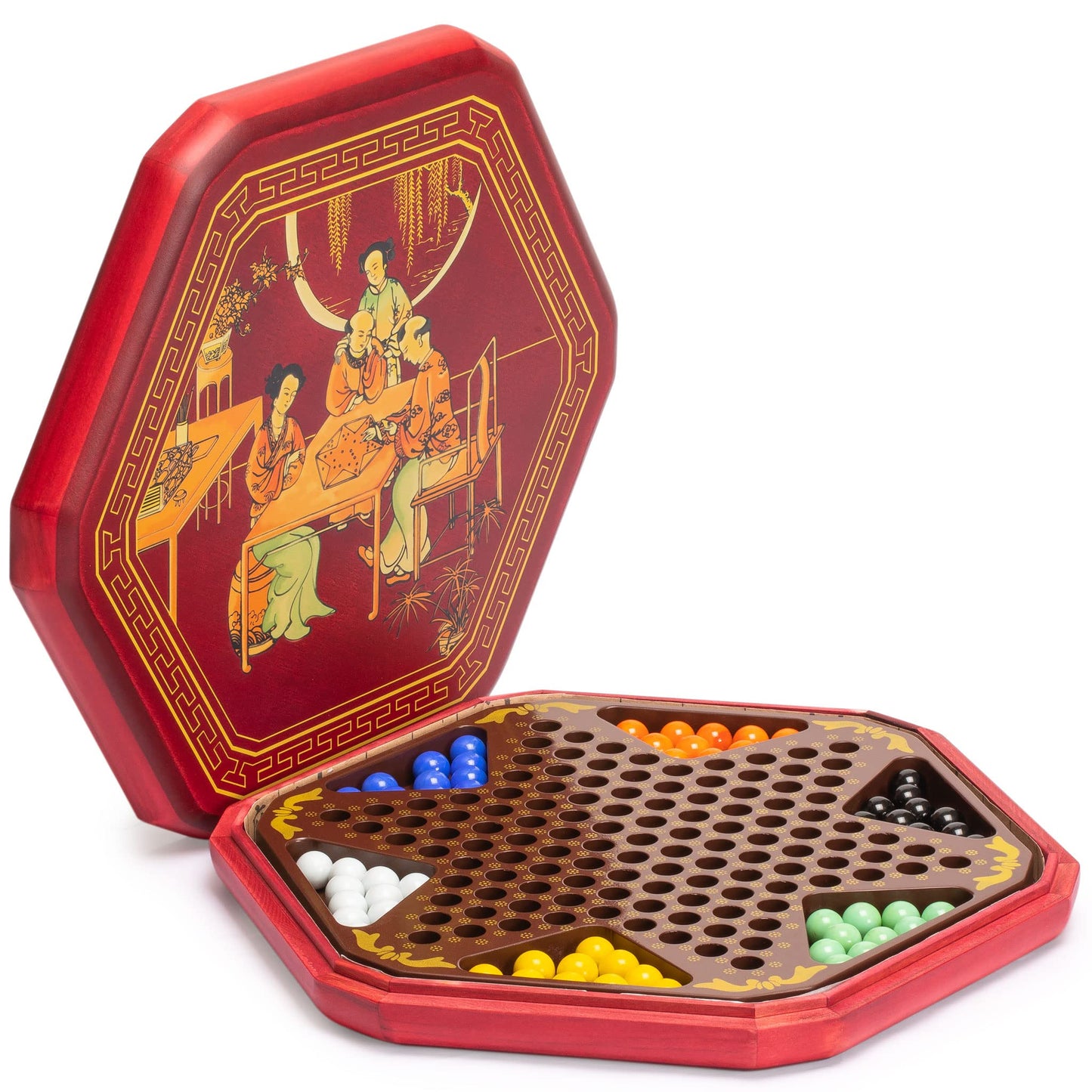 Yellow Mountain Imports Classic Chinese Checkers Halma Board Game Set With Storage, 12.6-Inch Wooden Board, And Solid Color 16-Millimeter Glass Marbles