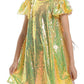 Girls Sequin Dress Shiny Short Flutter Sleeve Midi Sparkly Party Dress with Hairbow-Medium Yellow -Like New