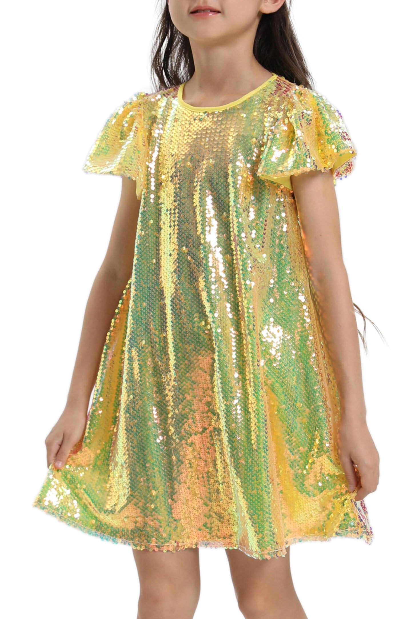 Girls Sequin Dress Shiny Short Flutter Sleeve Midi Sparkly Party Dress with Hairbow-Medium Yellow -Like New