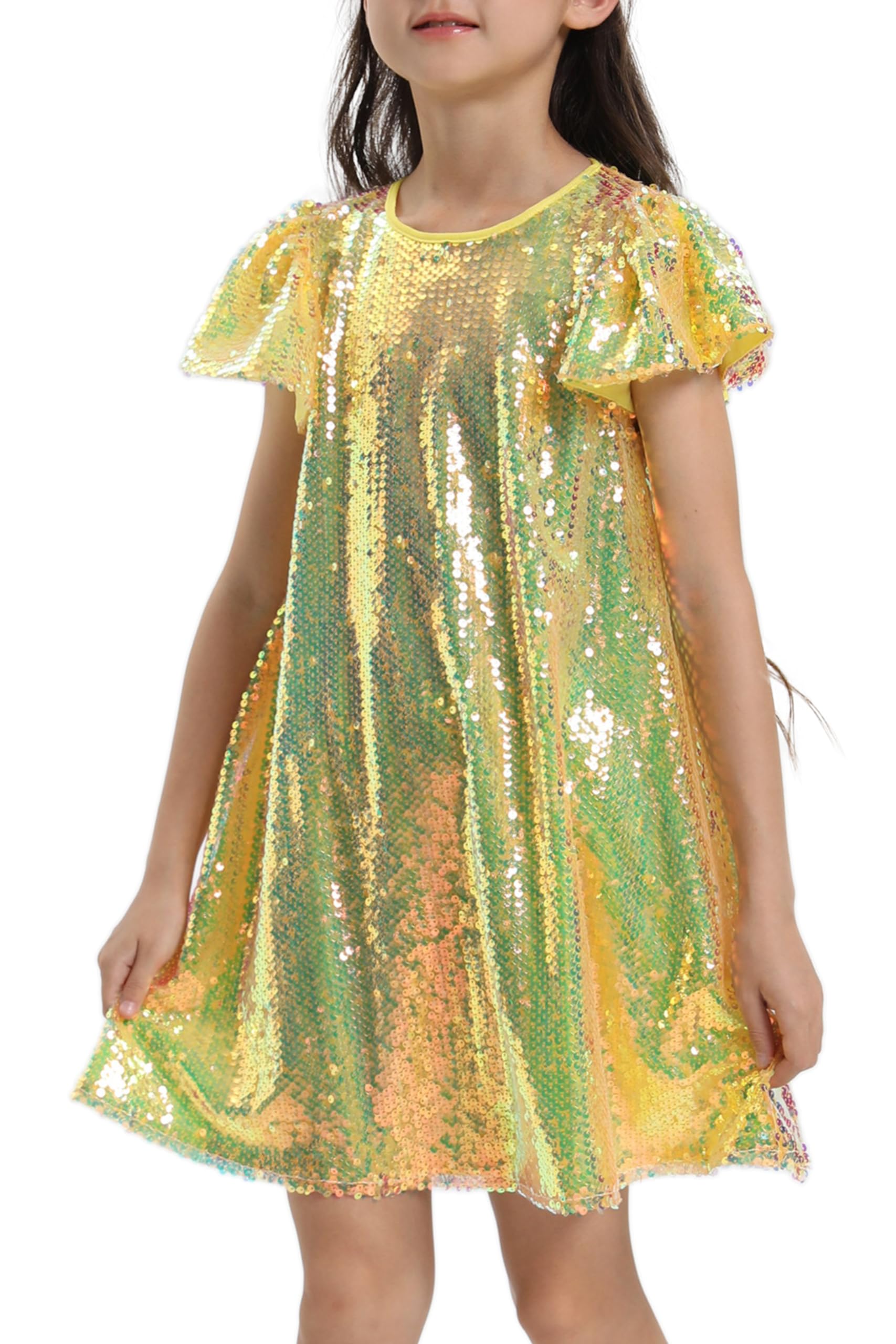Girls Sequin Dress Shiny Short Flutter Sleeve Midi Sparkly Party Dress with Hairbow-Medium Yellow -Like New