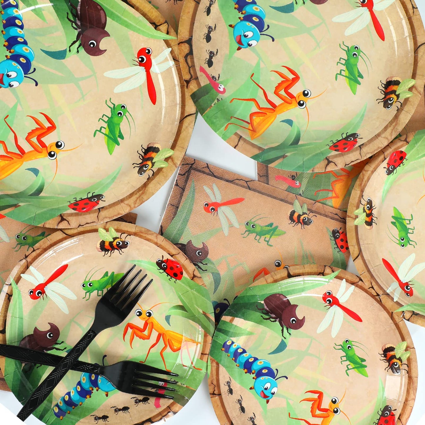 Qyeahkj 100 Pcs Bug Party Plates Napkins Supplies, Spring Summer Ladybugs Bee Reptile Birthday Party Tableware Set Insect Birthd