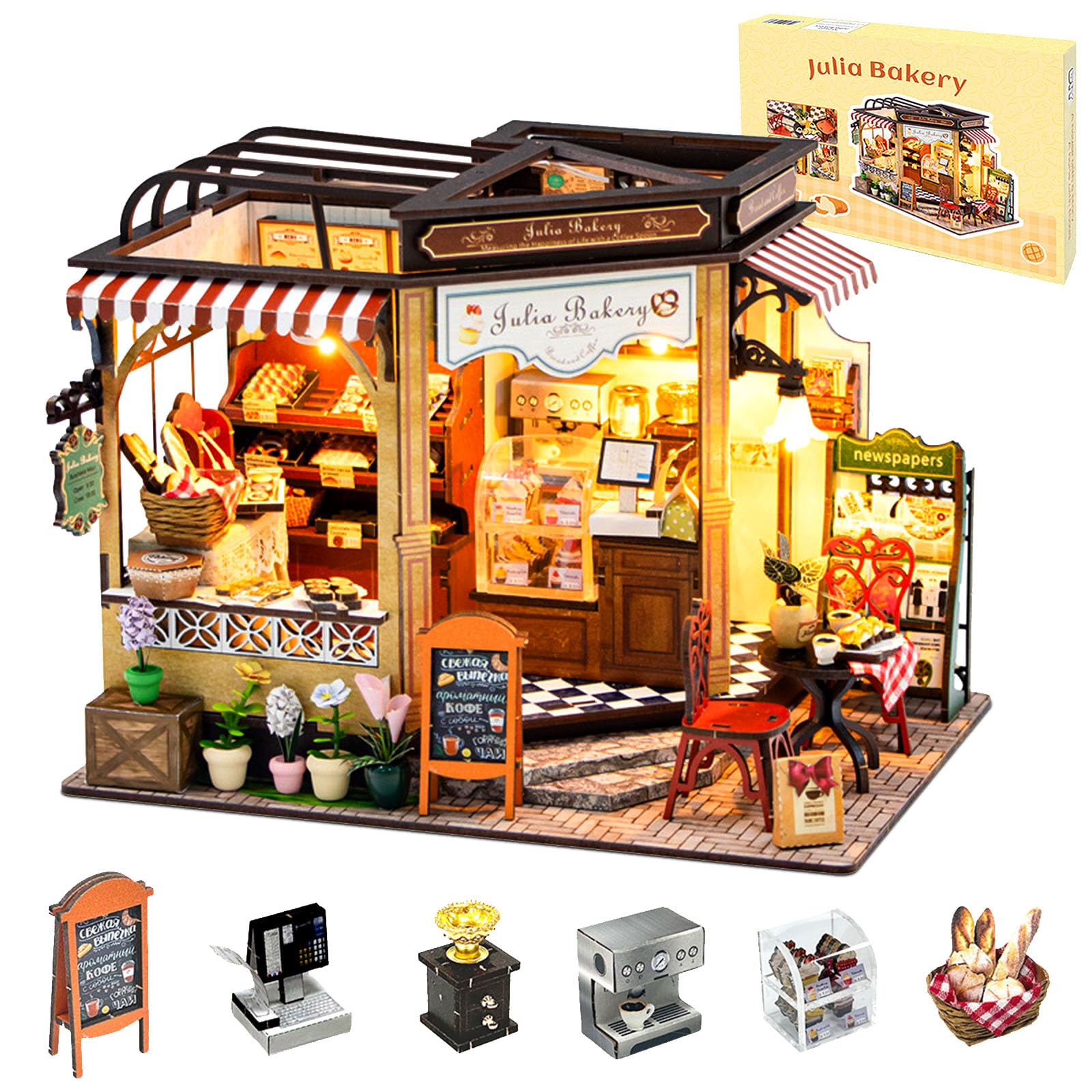 Ourmiao Miniature House Kit Julia Bakery, Diy Dollhouse Kit For Adults With Furniture & Led, Tiny House Kit Wooden Craft Gift Fo