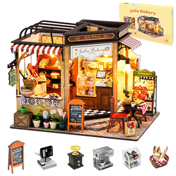 Ourmiao Miniature House Kit Julia Bakery, Diy Dollhouse Kit For Adults With Furniture & Led, Tiny House Kit Wooden Craft Gift Fo