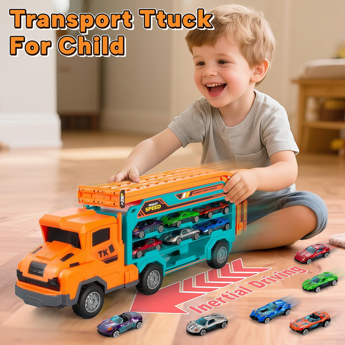 Kids Toys for 3 4 5 6 7 8 Years Old Boys, Carrier Truck Transport Car Toys, Foldable 2 Layer Car Race Track Playset with 25-in R