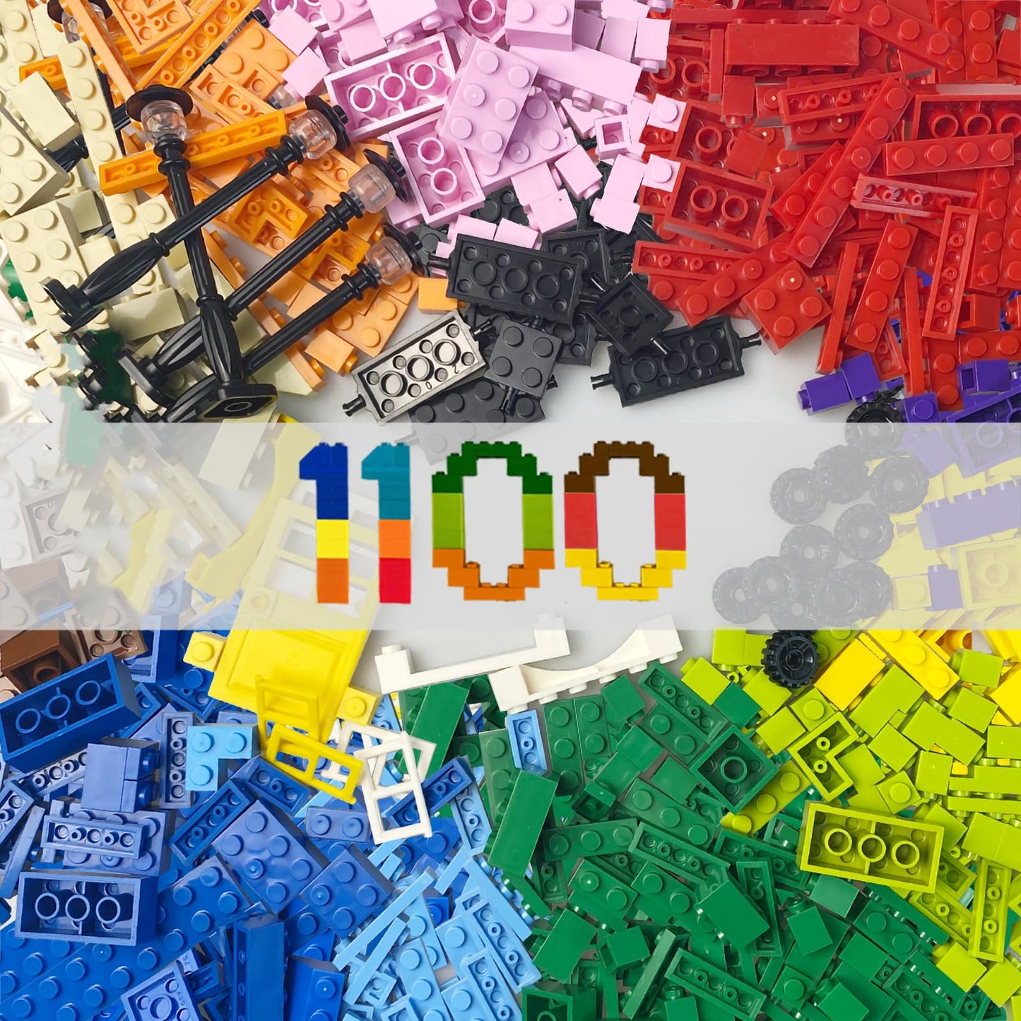 Huizdq Building Blocks, 1100 Pieces, Compatible With All Major Brands, Classic Bulk Blocks, Includes Wheels, Door, Window, Stree