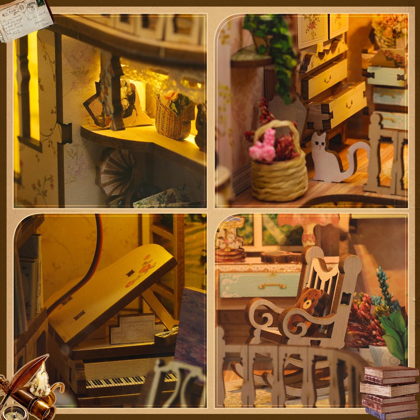 Diy Book Nook Kit - Bookend Diorama With Led - 3D Wooden Puzzle Diy Miniature House Kits - Bookshelf Insert Decor - Booknook Dol
