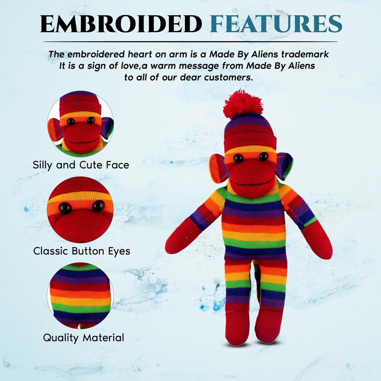 Plushland Plush Sock Monkey Stuffed Animal Toy - 16'' Rainbow, Hand Knitted Gift for Kids, Babies, Teens, Girls and Boys