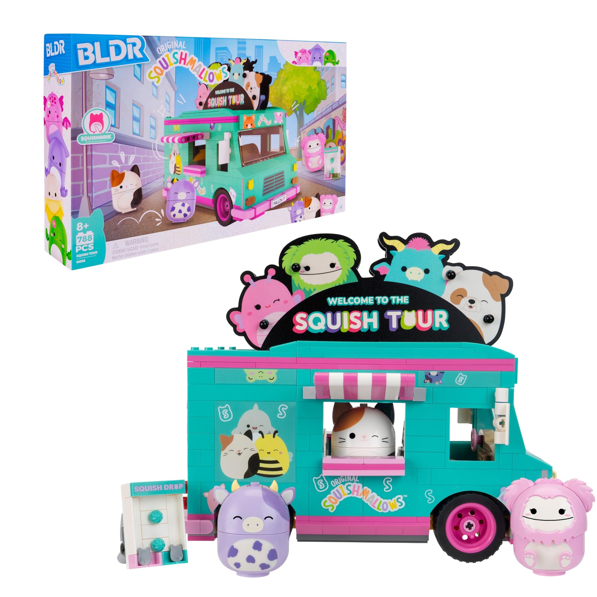 BLDR Squishmallows Squish Tour Van Building Set - Cam The Cat, Bubba The Cow, & Brina The Bigfoot Buildable Figures - Squishmall