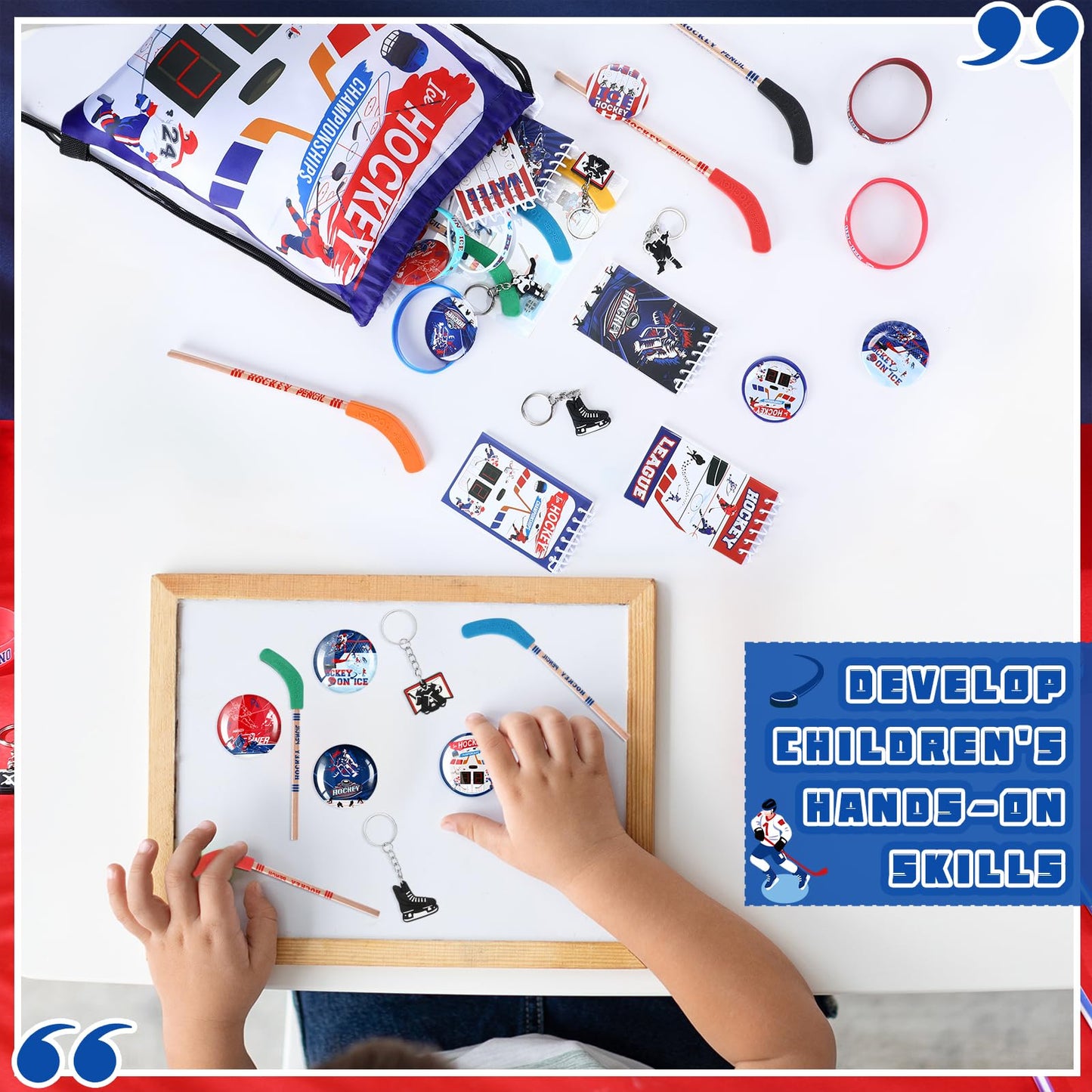 Paterr 102 Pcs Hockey Party Favor Set - Drawstring Bags, Bracelets, Notebooks, Pencils, Stickers - Perfect for Gifts and Celebrations
