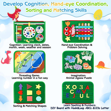 Esjay Toddler Busy Board Montessori Toys, Sensory Board Educational Activities For Learning Fine Motor Skills, Gifts For Girls Boys Toddlers, Travel Toys For Airplane Car,Green Dinosaur