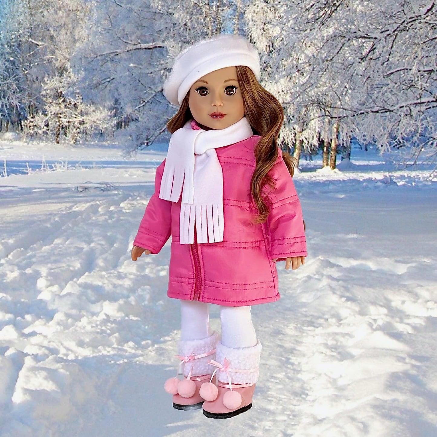 Dreamworld Collections Parisian Adventure - 5 Piece Outfit - Pink Coat, White Beret, Scarf, Leggings And Pink Boots - Clothes Fi