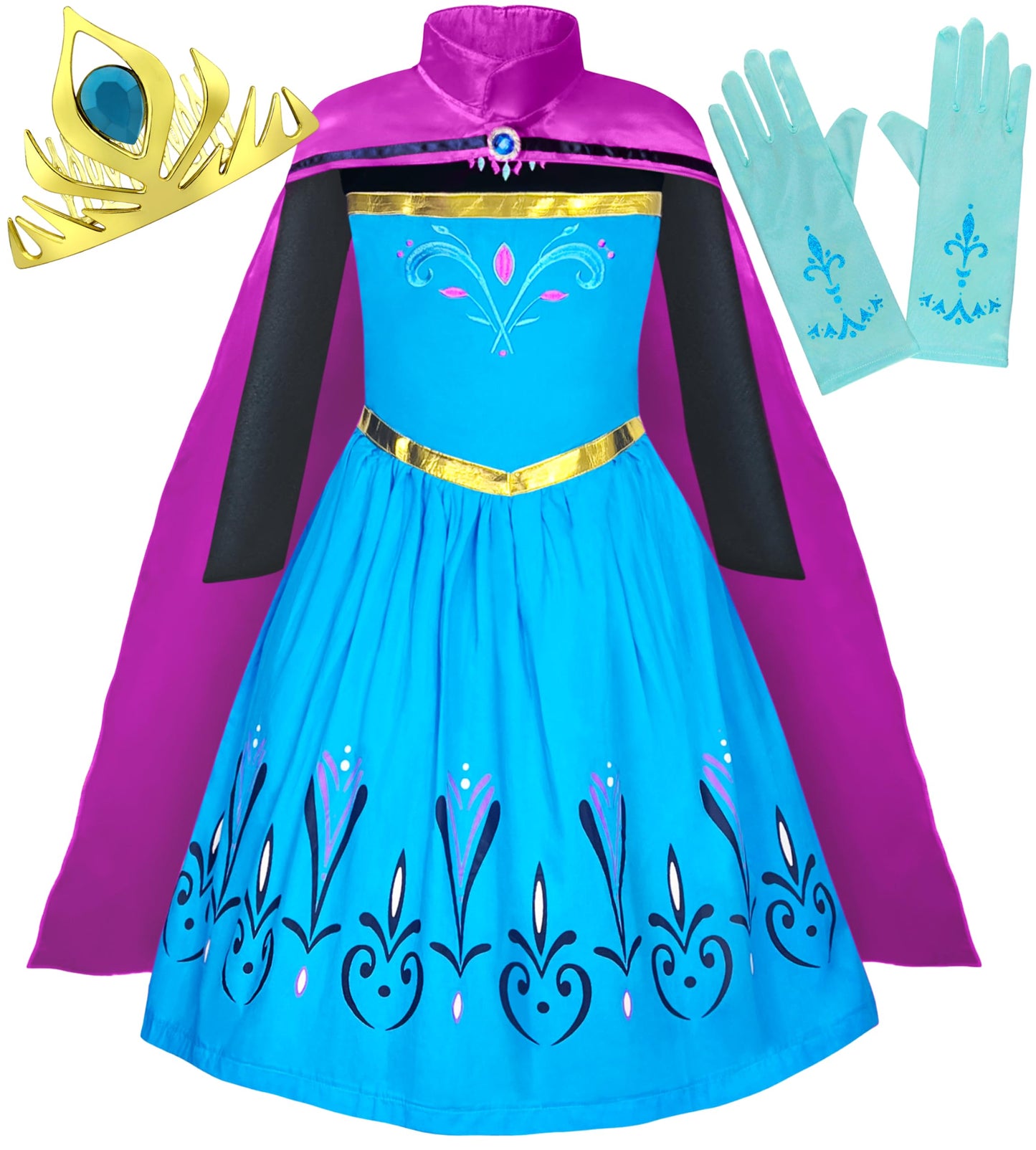 Cokos Box Girls Coronation Dress Costume Cape Gloves Tiara Crown Accessories Kids Princess Set, 3 Years, Blue-Purple, 3T