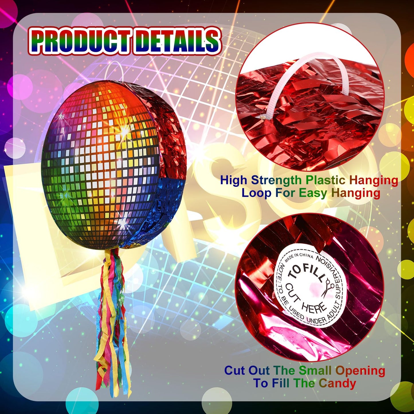 Aoriher Disco Party Pinata - Roller Skating Design, Rainbow Cardboard, Includes Blindfold, Stick, Confetti for 80s 90s Themed Events