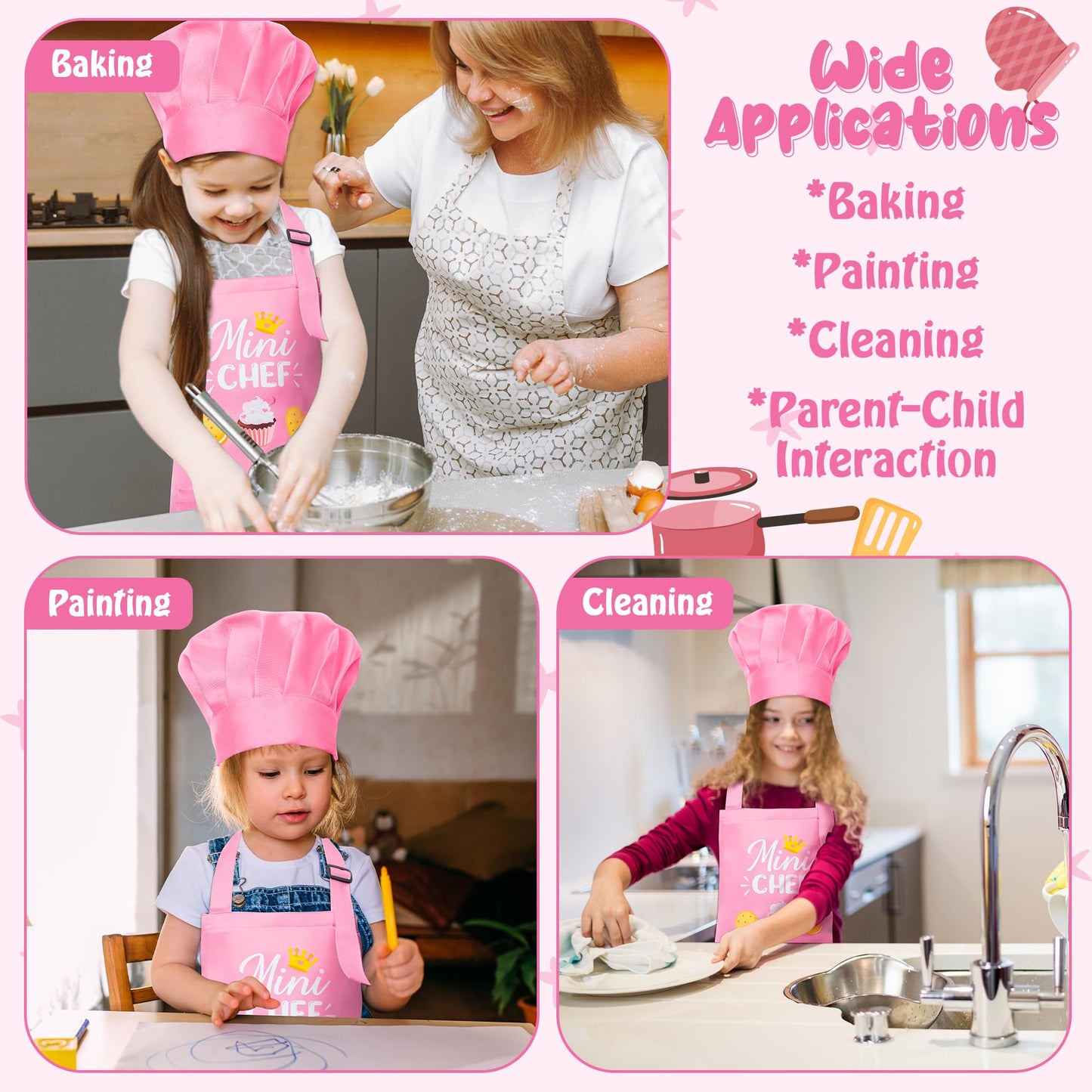 R HORSE Kid Apron and Chef Hat Set 2Pcs Adjustable Children Light Pink Kitchen Apron, Dress up Role Play Chef Toy Cooking Baking