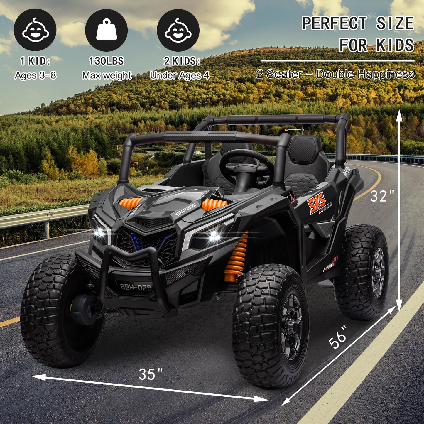 MOLACHI 4WD Kid Ride on Car Truck Toy  2 Adjustable Seater Children Electric Cars  Soft Start 24V Kids Remote Control Vehicles  3 Speeds  LED Lights  4 Shock Absorbers  Bluetooth-Black