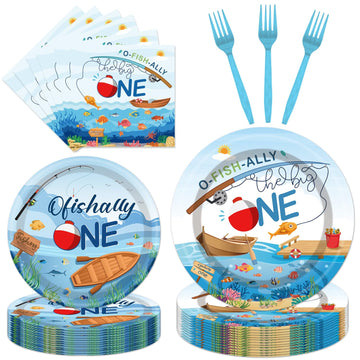 Ofishally One Birthday Party Decorations- 96PCS O Fishally One Plates and Napkins Party Supplies Fishing First Birthday Decorati
