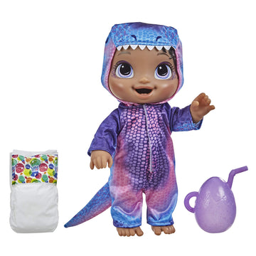 Baby Alive Dino Cuties Doll, T-Rex, 11 inches, Black Hair, Drinks & Wets, Model F0935, Fun Dinosaur Toy for Kids Ages 3+