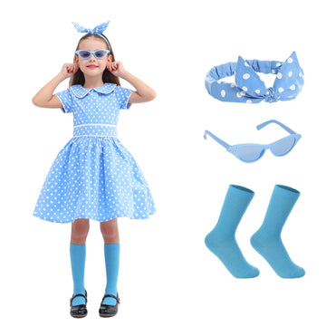 Raberto Girls 50S Polka Dot Dress With Headband, Glasses And Socks - Easter & Special Occasion Dress, Blue, 2X-Large