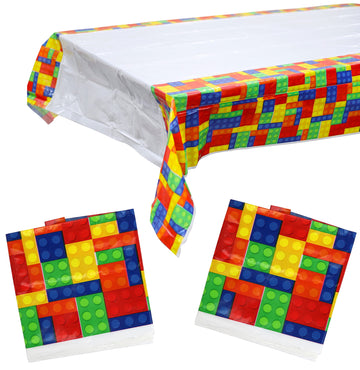 Iconikal Building Block Party Supplies Tablecloth Table Cover with Colorful Building Block Birthday Party Decorations for Childr