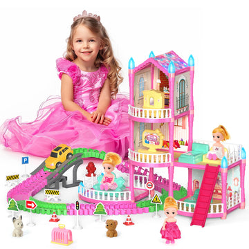 Mastom Dolls House For Girls, Doll Girls Houses With Track Car Toys, Dolls, Pets, Car, Furniture And Accessories, Pink Dream Princess Castle Playset Toy Gifts For Toddler Girls Ages 3 4 5 6 7 8+