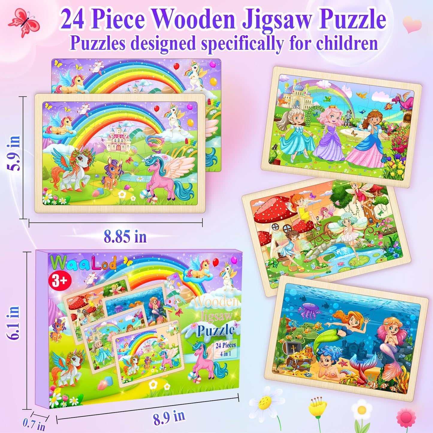 WaaLod Wooden Puzzles for Kids, 4 Pack, 24 Pieces, Educational Toys for Ages 4-6, Unicorn, Mermaid, Princess, Elf