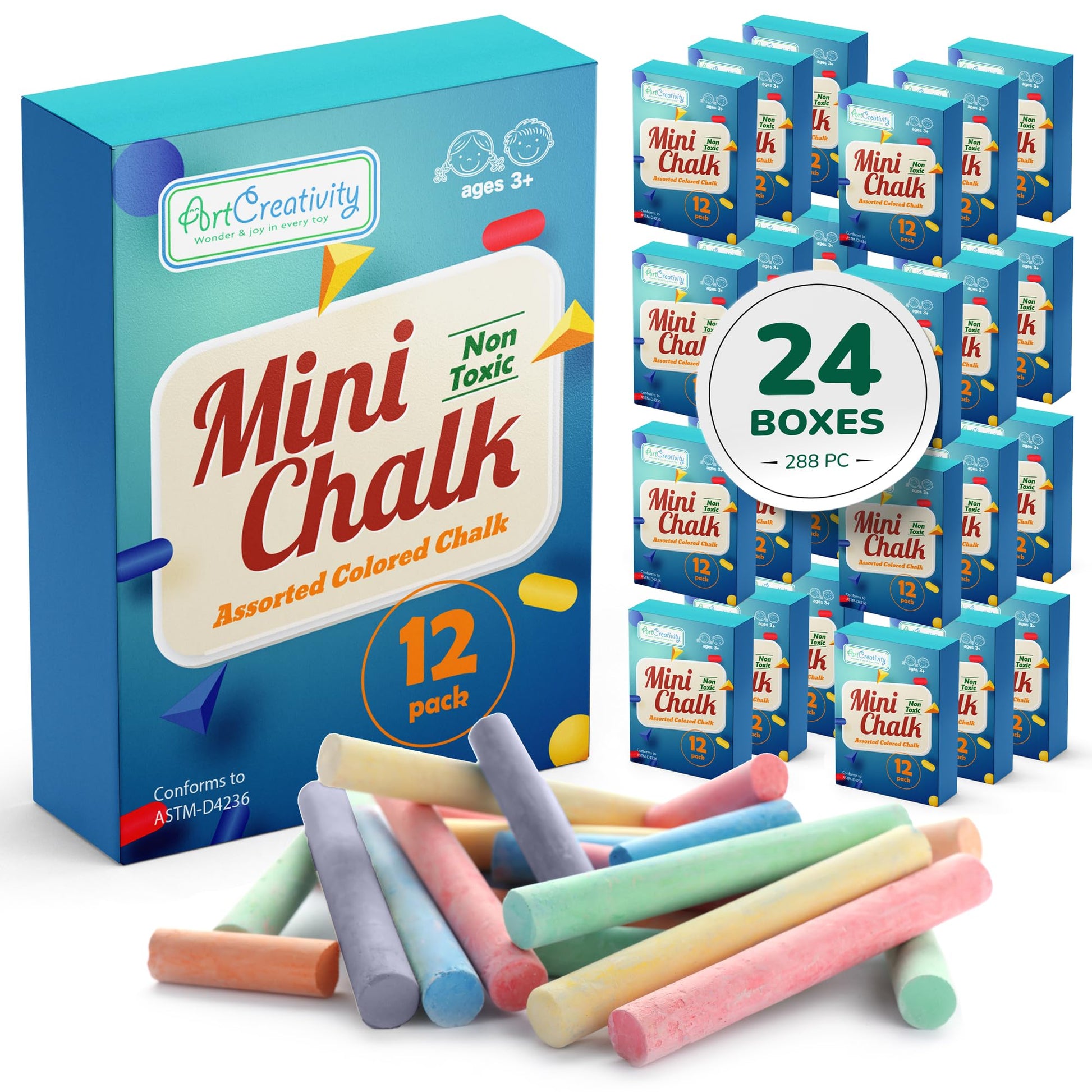 Artcreativity 288 Count Mini Chalk Set For Kids (24 Boxes) Non-Toxic Art And Craft Supplies, Chalks School Supplies, Birthday Party Favors For Boys And Girls, Goody Bag Fillers, Classroom Gift