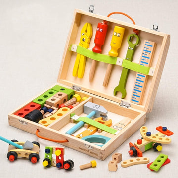 Wudly Wooden Tool Box Set For Kids | Montessori Construction & Building Toy With Tools, Nuts & Bolts | Pretend Play Diy Kit | Ed