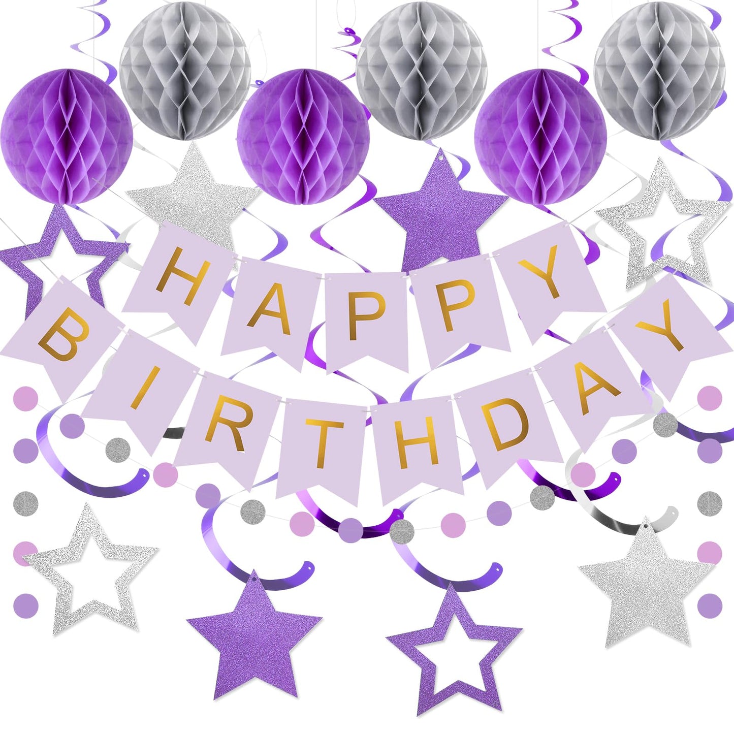 meowtastic Birthday Decorations, Happy Birthday Banner with Honeycomb Ball, Star Hanging Swirl Streamer, Circle Dot Garland, Hap