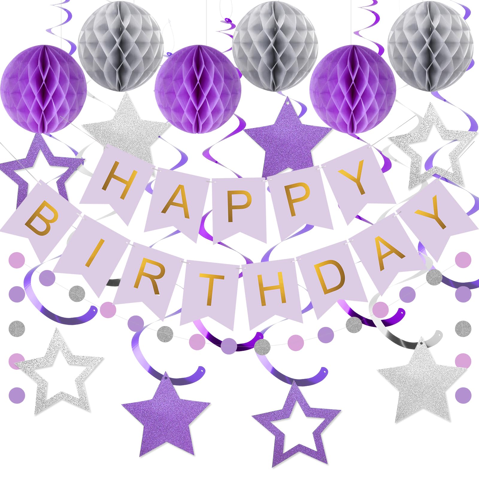 meowtastic Birthday Decorations, Happy Birthday Banner with Honeycomb Ball, Star Hanging Swirl Streamer, Circle Dot Garland, Hap