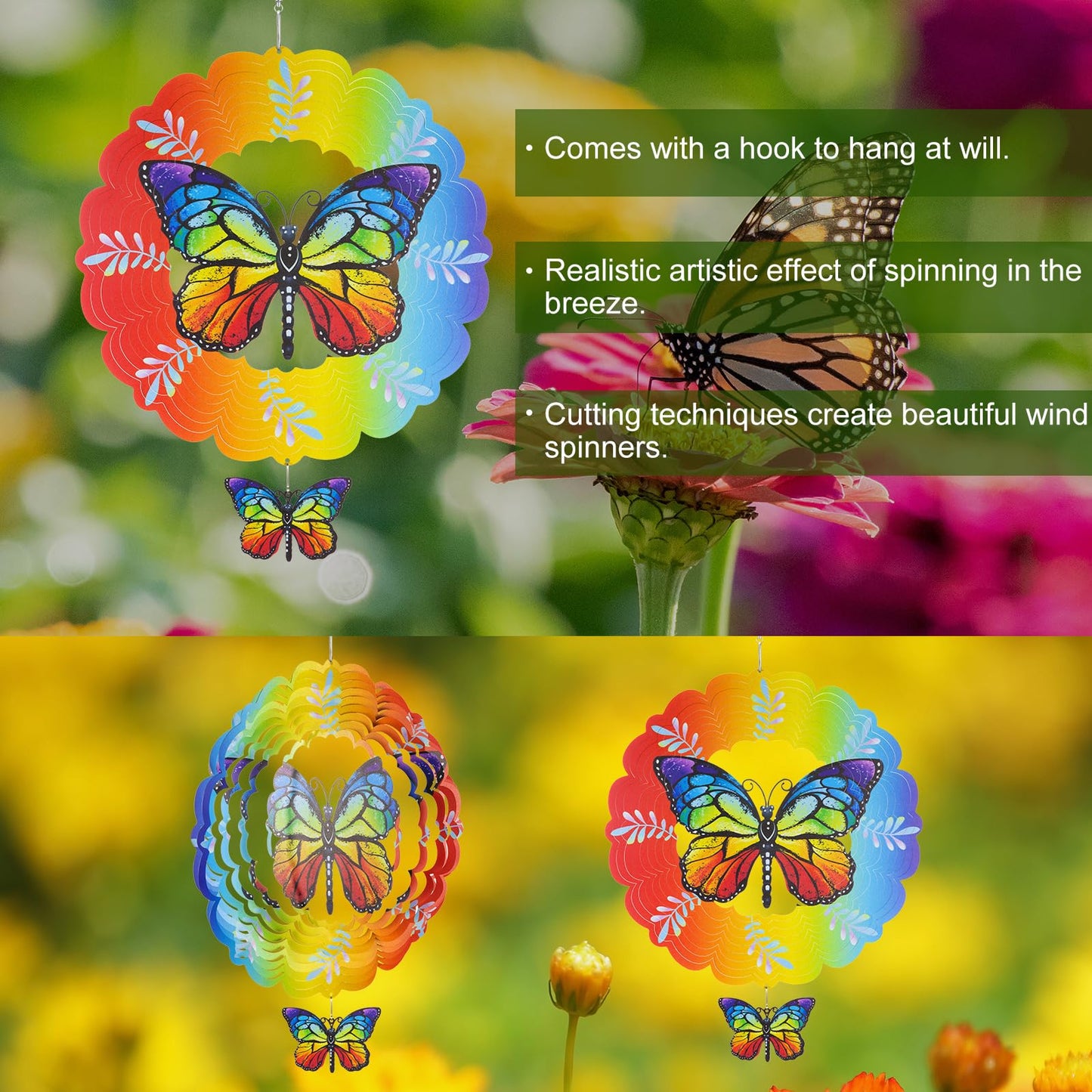 Vestcdf Butterfly Wind Spinner With Pendant, 12 Inch Hanging Wind Sculptures Outdoor, 3D Wind Spinners For Yard And Garden Decor