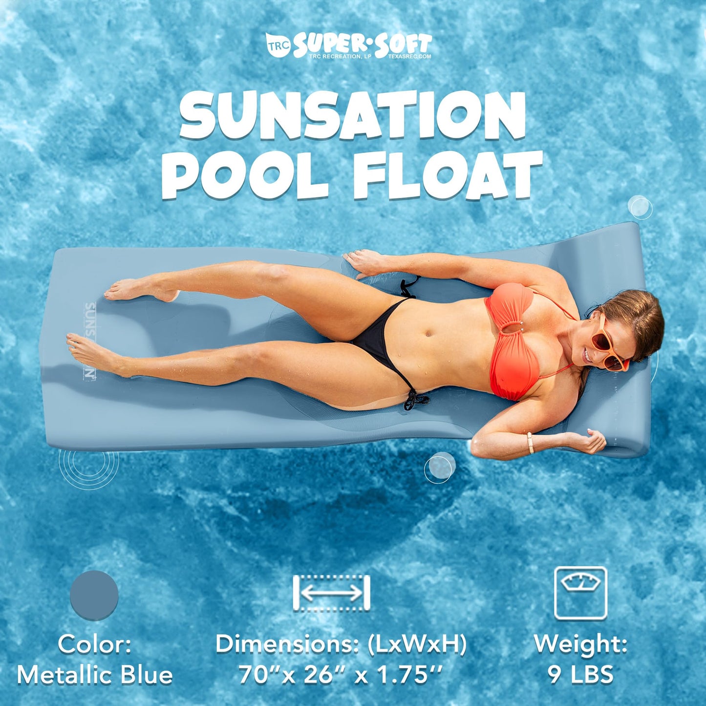 TRC Recreation Foam Swimming Pool Float Mat, 1.75” Thick, Vinyl, Metallic Blue, Model 802003000%