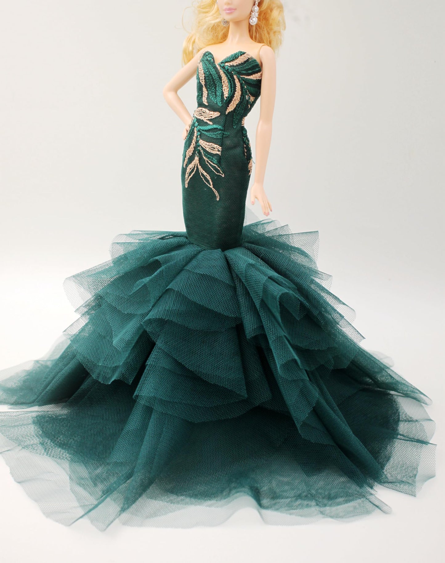 Cora Gu Handmade Classic Jade Green Embroidery Mermaid Dress Wedding Gowns Fit for 12 Fashion Doll & Dolls not Included