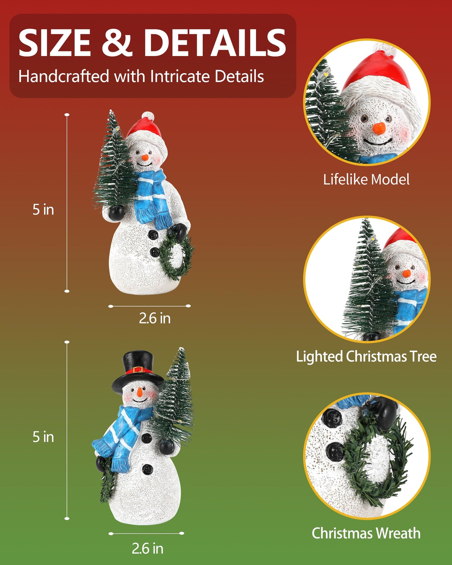 Gognome Duo 5'' Resin Snowman Figurines With Lighted Christmas Tree Wreath - Christmas Decorations Indoor Snowman Decor Ornament