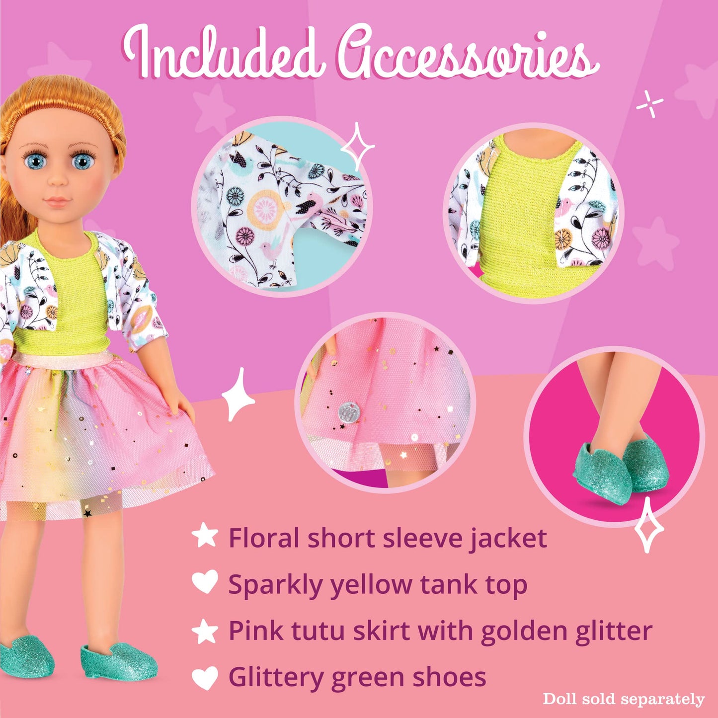 Glitter Girls Shimmer Glimmer Floral Fashion Doll Clothes & Accessories For 14 Inch Dolls | Urban Top, Flower Jacket & Tutu Skirt Outfit – For 3+ Year Old Girls