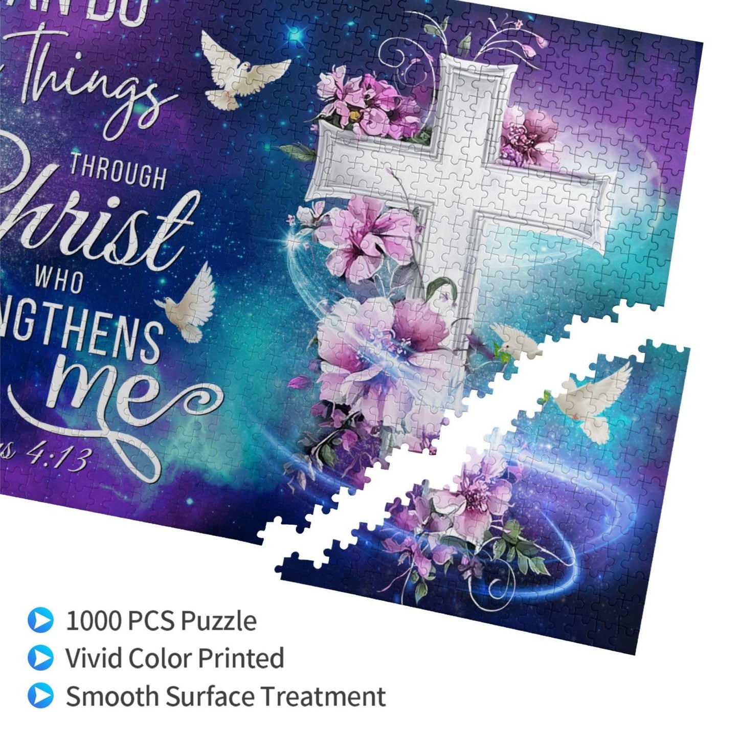 TREKTOTS Christian Jigsaw Puzzle 1000 Pieces, Wooden Shining Cross & Philippians 4:13, Silver, Faith-Based Gift for Adults