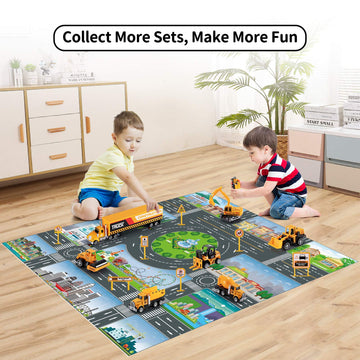 Temi Diecast Engineering Construction Vehicle Toy Set W/Play Mat,Truck Carrier, Forklift, Bulldozer, Excavator,Dump Truck, Alloy Metal Car Toys Set For 3 4 5 6 Years Old Toddlers Kids Boys & Girls