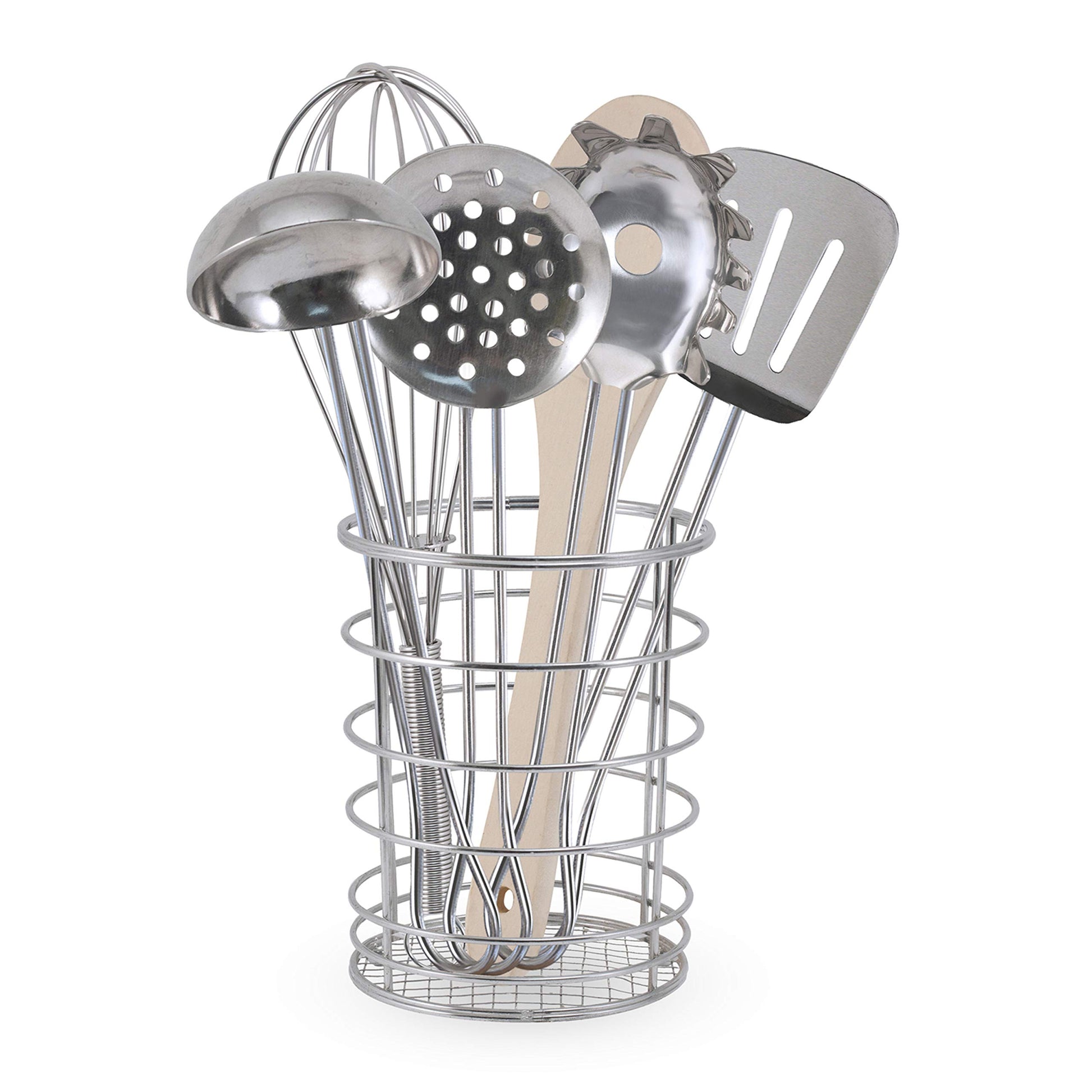 Melissa & Doug Stir And Serve Cooking Utensils (7 Pcs) - Stainless Steel And Wood