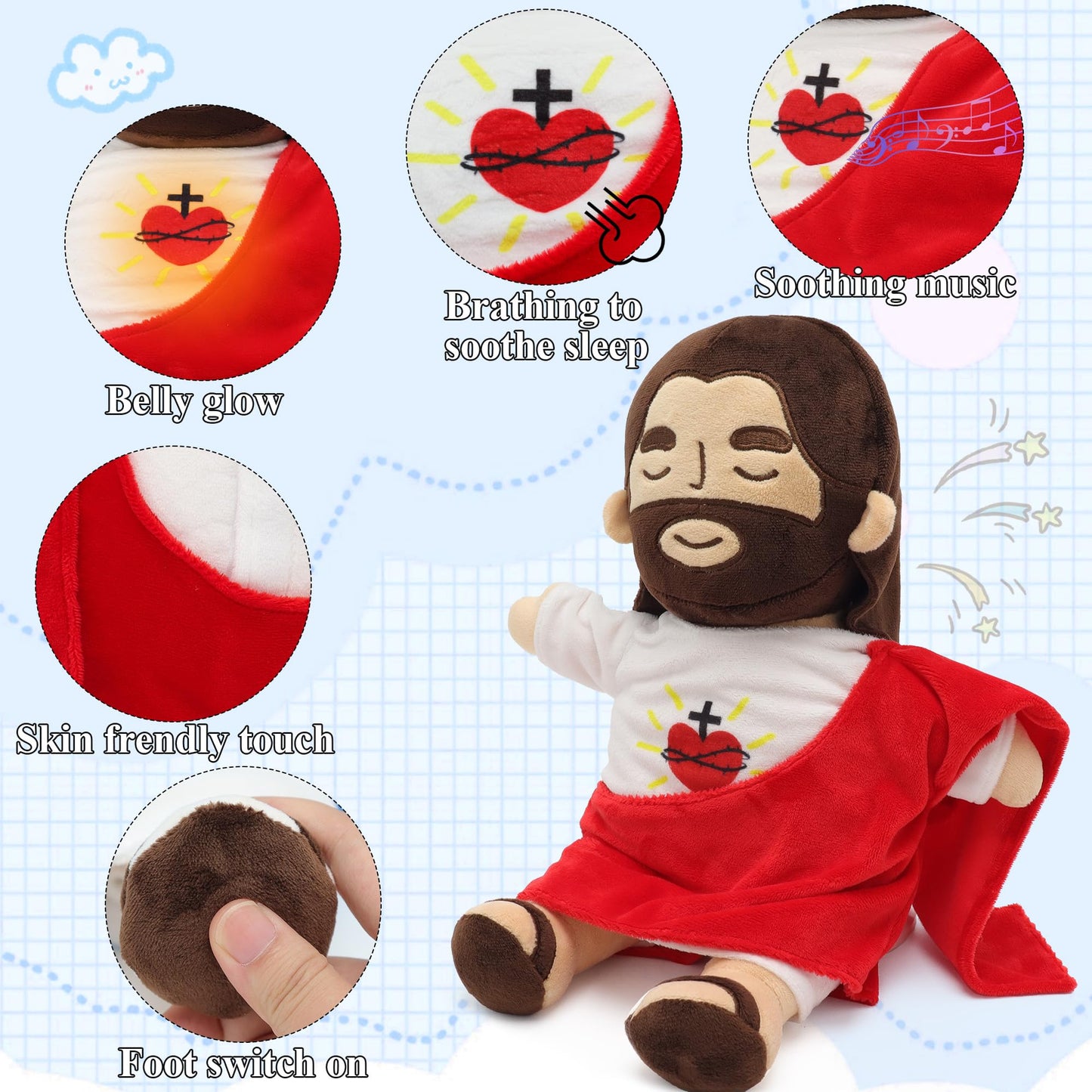 Yelakey Officially Jesus Plush Breathing Soothing Stuffed Animal Heart of Jesus Toy Savior Doll for Church Sunday School Religio