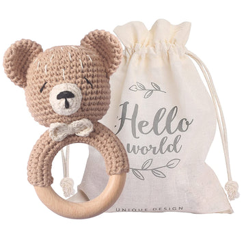 Wooden Teether Baby Rattle, Shaker Toy,Crochet Baby Rattle, Crochet Baby Toys, Organic Wooden Newborn Toys, Newborn Animal Rattl
