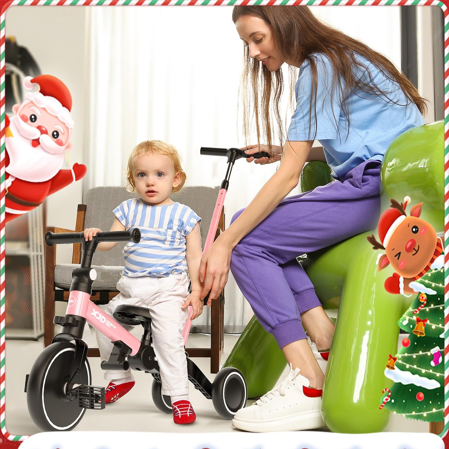 XJD Toddler Bike, 6 in 1 Folding Toddler Tricycle for 1-4 Year Old with Push Handle, Balance Bike with Removable Pedal,Backrest,