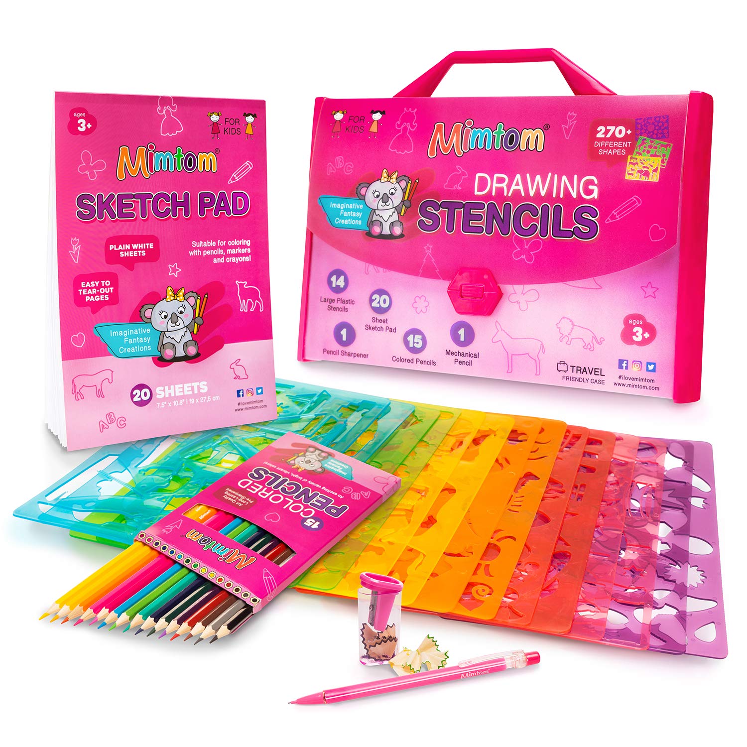 Mimtom Drawing Stencil Kit for Kids, 51 PC Art Set with 270+ Shapes, Sketch Pad, and Colored Pencils for Childs DIY Arts and Cr