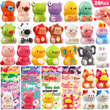 24 Pack Valentines Day Gifts for Kids, Valentines Cards for Kids Classroom with Animal Squishy Toys Slow Rising Stress Relief Fi