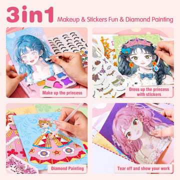 Zhoc Art Craft Activity For Kids, Paper Craft Kits - Paper Makeup Diy Girls Toy Kit With Diamond Painting & Princess Dress Up Se