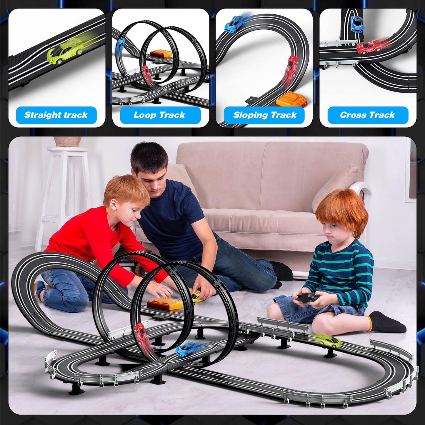 Slot Car Race Track Sets For Boys Kids,Battery Or Electric Race Car Track With 4 High-Speed Slot Cars And 2 Hand Controllers,Dual Racing Game Lap Counter Circular Overpass Track Toys Age 6 7 8-12