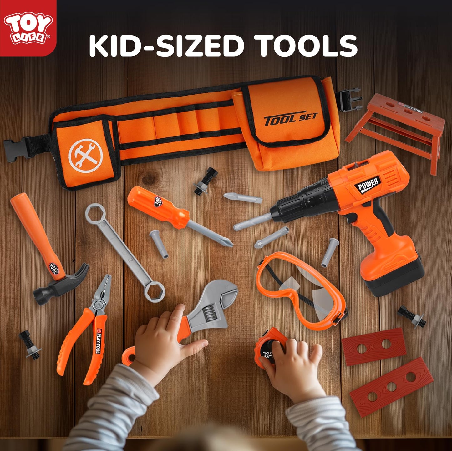 TOY Life Kids Tool Set with Kids Tool Belt & Toy Drill, Toddler Tool Set for Kids Pretend Play, Toy Tools Construction Tools Hal