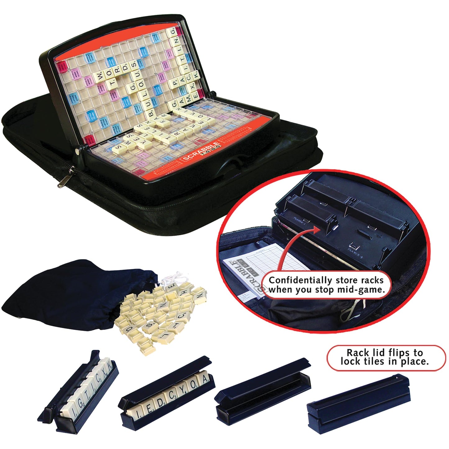 Winning Moves Scrabble to Go - Travel Word Game for 2-4 Players, Ages 8+, Plastic, Black/Red, Model 1202