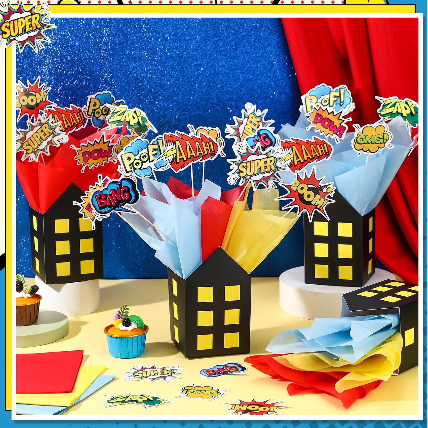 Soulchen 12 Sets Hero Themed Party Centerpieces Decorations Hero Action Sign Table Toppers with City Box Circus Sound Effect Cut
