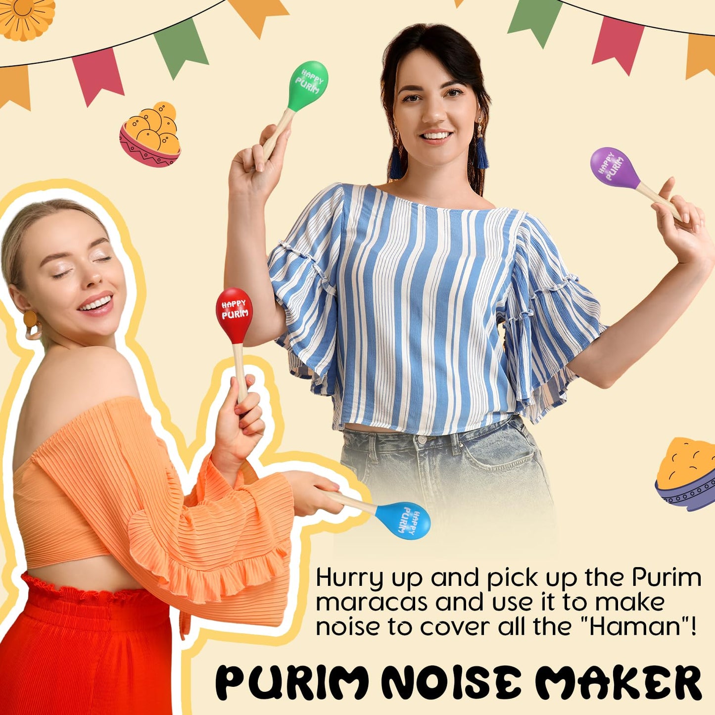 Lenwen 12 Pcs Happy Purim Wood Gragger Maracas Shakers with Stickers Colorful Noisemakers for Fun Jewish Holiday Party Favors Go