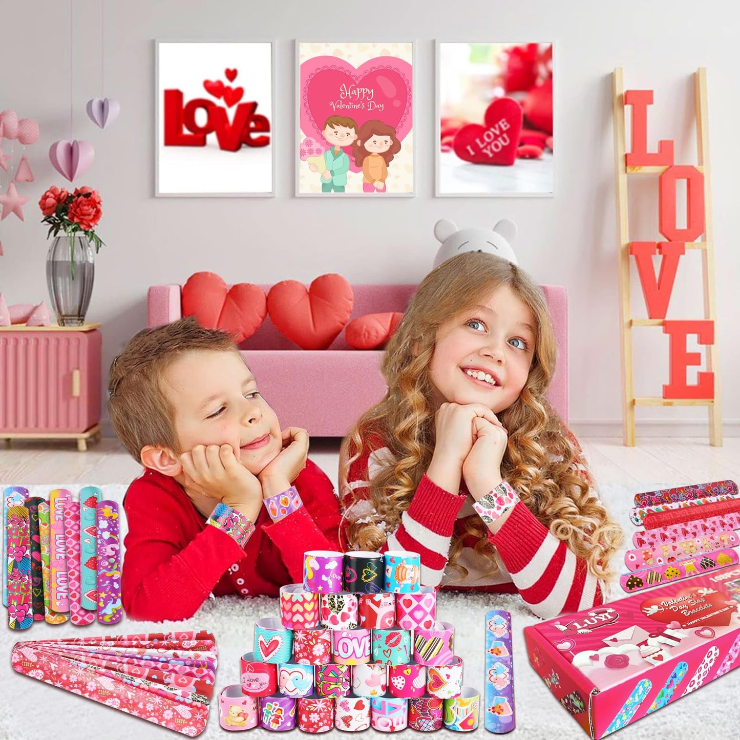 LUYI 108 Pcs Valentines Day Slap Bracelets Wristbands Valentines Day Party Supplies Toys School Class Classroom Game Prizes Good